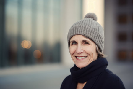 Portrait of a smiling middle aged woman in winter hat and scarfの素材