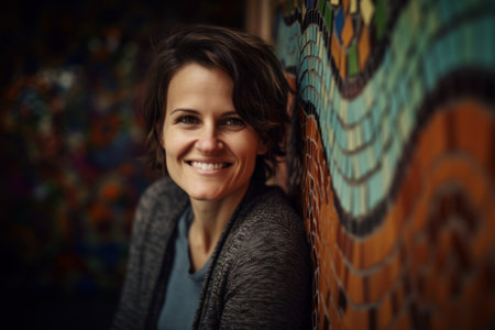 Portrait of a smiling woman standing in front of a graffiti wallの素材