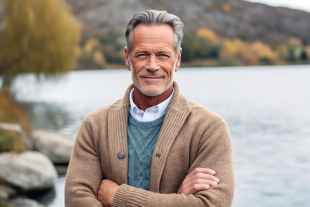 Portrait of smiling senior man standing with arms crossed in front of lakeの素材