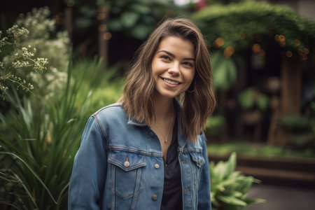 Portrait of a beautiful young woman in a denim jacket in the gardenの素材