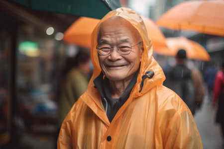 Asian senior man wearing yellow raincoat in rainy day in the city.の素材