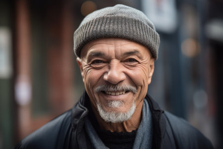 Portrait of an old man with gray hat in the city.の素材