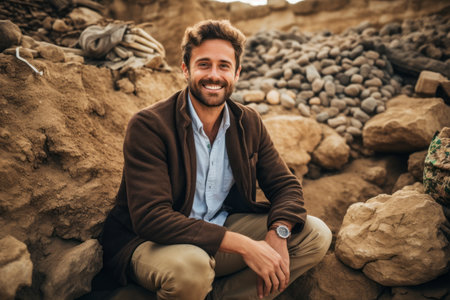 Portrait of a smiling man sitting on a rock and looking at cameraの素材