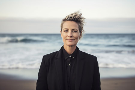 Portrait of a beautiful middle aged woman with short hair on the beachの素材