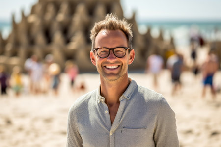 Portrait of handsome young man standing on the beach smiling at cameraの素材