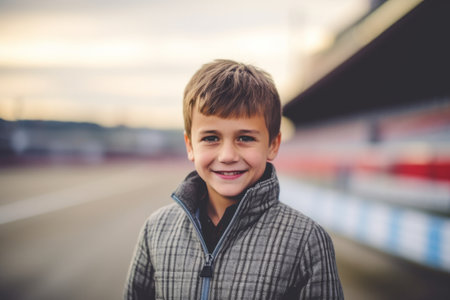 Portrait of a smiling little boy on the background of the railway stationの素材