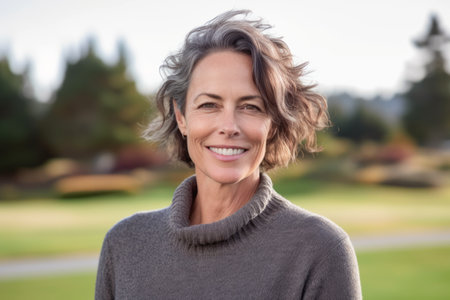 Portrait of smiling mature woman in park on an autumns dayの素材