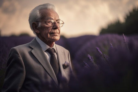 Portrait of a senior man in lavender field at sunset.の素材