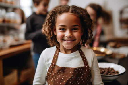 smiling little african american girl in apron looking at camera in bakeryの素材