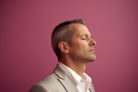 Portrait of a handsome young man with closed eyes on a pink backgroundの素材