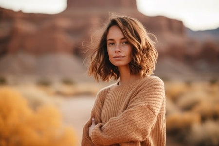 Portrait of a young beautiful woman in a sweater in the desertの素材