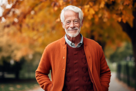 Portrait of a senior man standing in the park on an autumn dayの素材