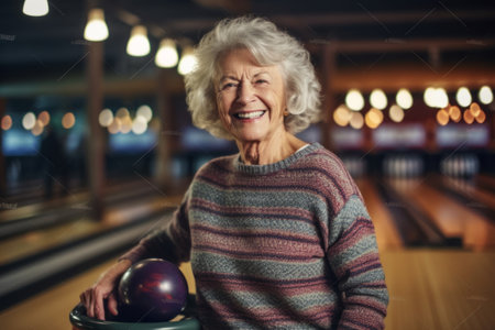 Portrait of happy senior woman playing bowling at bowling club. Looking at camera.の素材