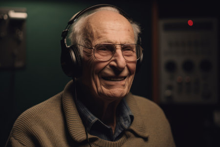 Portrait of a senior man listening to music with headphones in a dark roomの素材