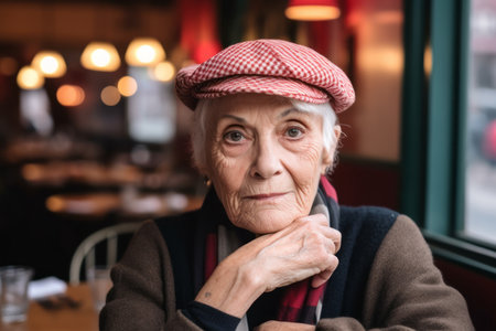 Portrait of an elderly woman sitting in a cafe. Looking at camera.の素材