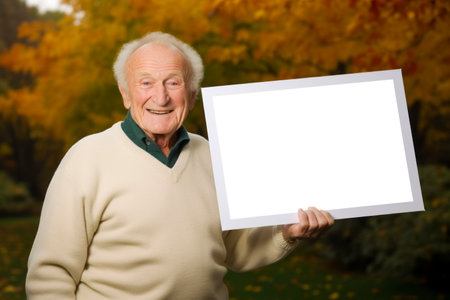 Senior man holding a blank white board in the park on autumn dayの素材