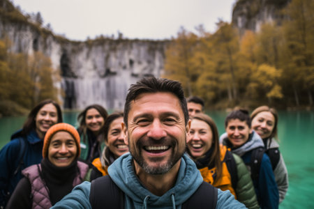Group of friends on the background of the Plitvice Lakes National Parkの素材