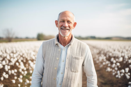 Portrait of smiling senior man standing in cotton field on sunny dayの素材