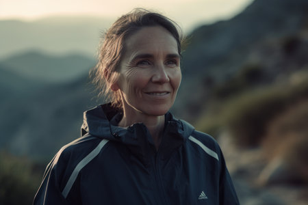 Portrait of a beautiful senior woman in the mountains at sunset.の素材