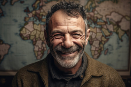 Portrait of a smiling senior man in front of a world mapの素材
