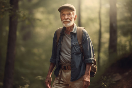 Portrait of a senior man with backpack walking in the forest.の素材