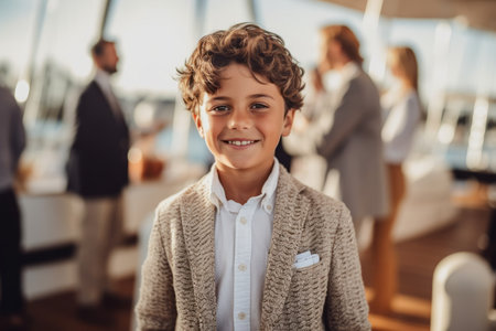Portrait of smiling boy looking at camera while standing on yacht deckの素材