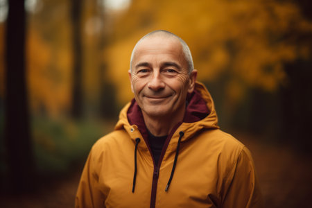 Portrait of a senior man in a yellow jacket in the autumn forestの素材