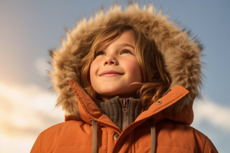 Portrait of a beautiful little girl in a warm jacket on a background of blue skyの素材