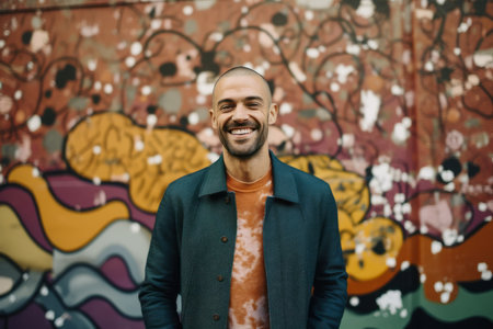 Portrait of a smiling young man in a coat against graffiti wallの素材