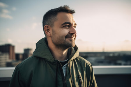Portrait of a handsome young man in a green jacket on the roofの素材