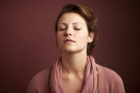 Portrait of a beautiful woman with closed eyes on a brown backgroundの素材