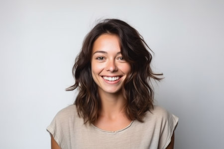 Portrait of a happy young woman looking at camera over gray backgroundの素材