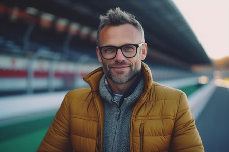 Portrait of a handsome young man in a yellow jacket and glassesの素材
