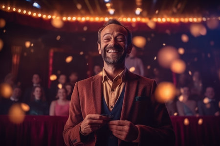 Portrait of a smiling man in a red jacket on the background of the night club.の素材