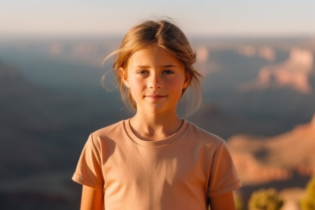Portrait of a cute little girl at sunset in the mountains.の素材