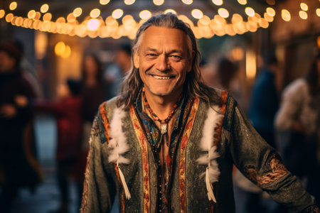 Portrait of a smiling man with long hair in the city.の素材