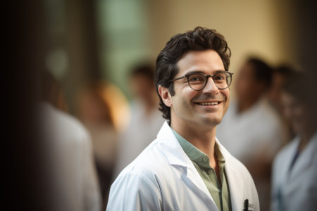 Portrait of a smiling male doctor standing in front of his colleaguesの素材