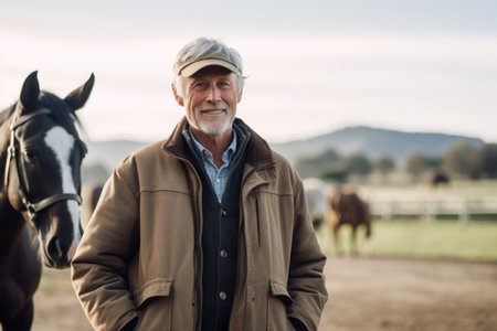 Portrait of a senior man with his horse in the paddockの素材