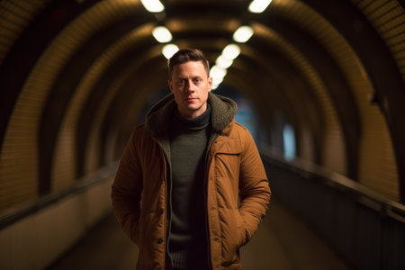 Handsome young man walking in a tunnel at night, looking at camera.の素材
