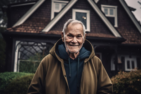 Portrait of an elderly man in a raincoat standing in front of his houseの素材