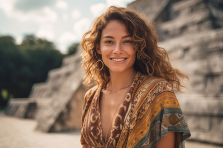 Portrait of a beautiful young woman with curly hair, wearing a shawl, smiling and looking at the camera.の素材