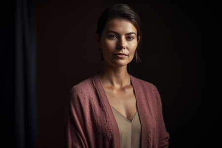 Portrait of a beautiful young woman in a pink jacket on a dark backgroundの素材