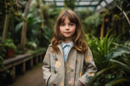 Portrait of a cute little girl in a coat in a greenhouseの素材