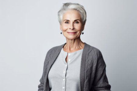 Portrait of a happy senior woman looking at camera over gray backgroundの素材