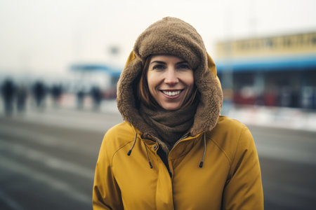 Portrait of a beautiful woman in a yellow jacket on the streetの素材