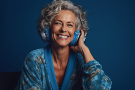 Beautiful senior woman with headphones listening to music on blue background.の素材