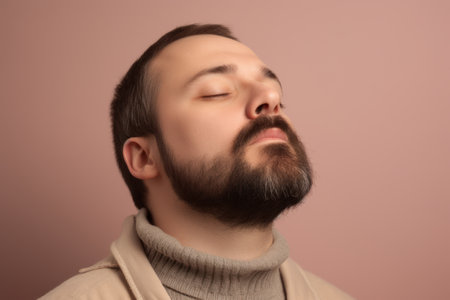 Portrait of a handsome young man with beard and mustache in a beige sweater on a pink backgroundの素材