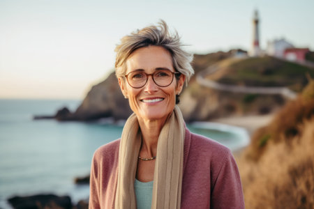 Portrait of smiling senior woman with eyeglasses standing at seasideの素材