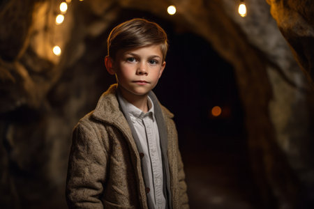 Portrait of a boy in a dark cave at night. The boy is looking at the camera.の素材