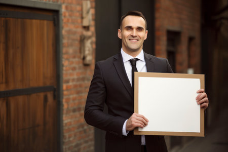Portrait of a confident businessman holding a blank board in the streetの素材